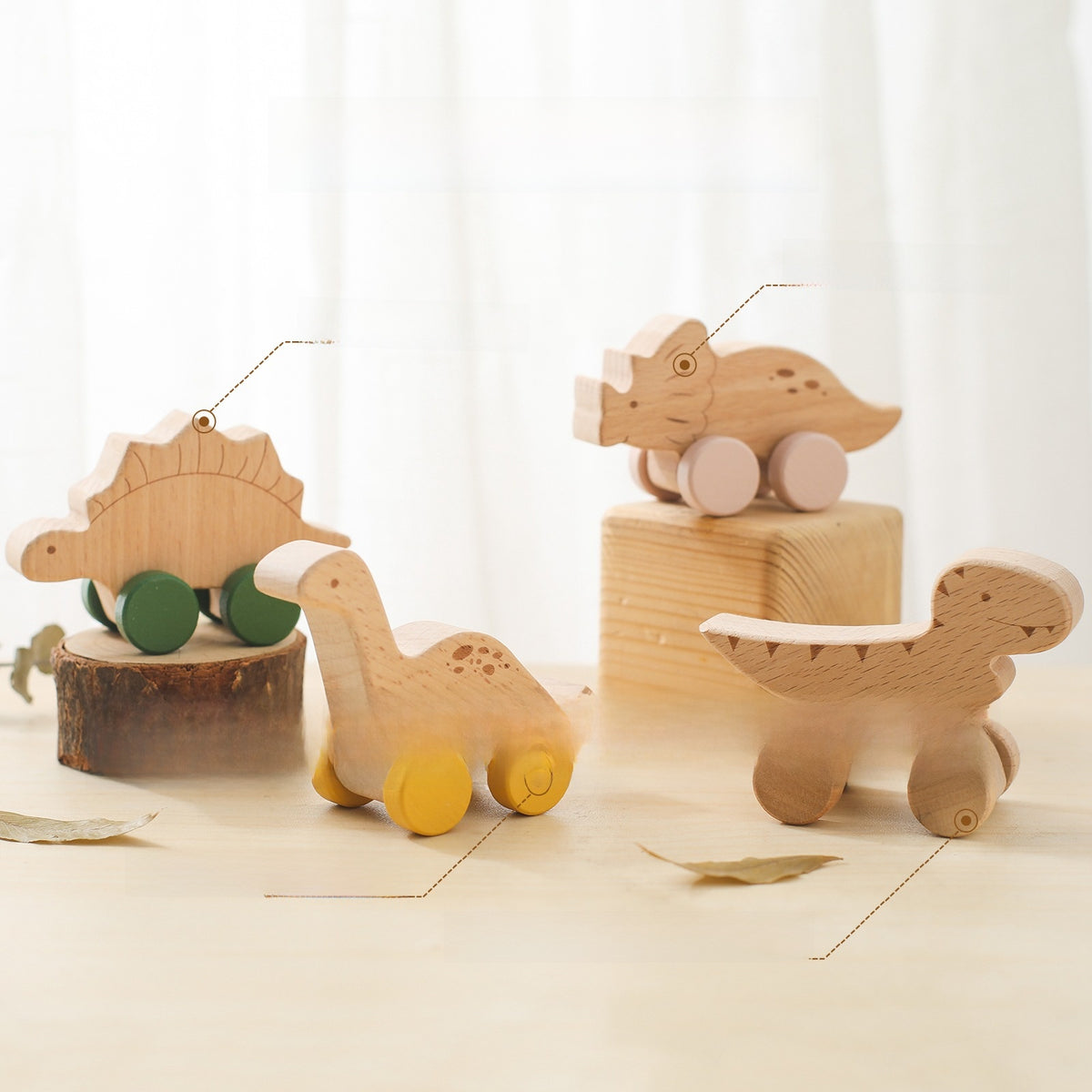 Birch Wooden Toy Dinosaur with Wheels, multi-variant style