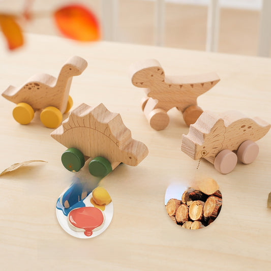 Birch Wooden Toy Dinosaur with Wheels, multi-variant style