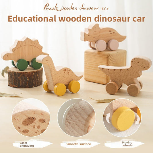 Birch Wooden Toy Dinosaur with Wheels, multi-variant style